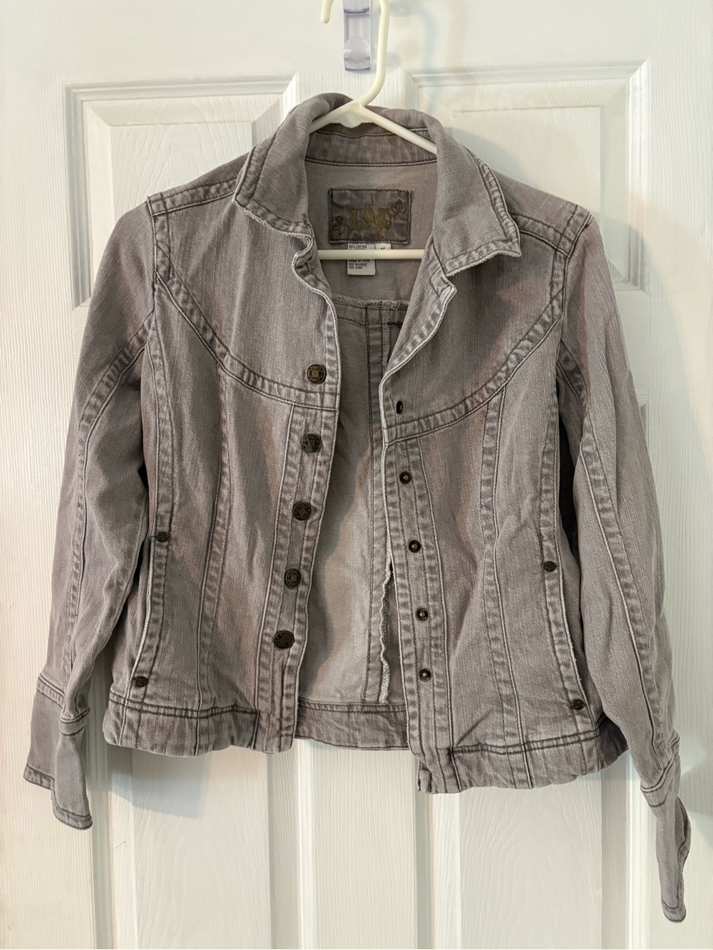 Gray Stretch Denim Jacket Medium Y2K Fitted Button Front - Picture 7 of 7